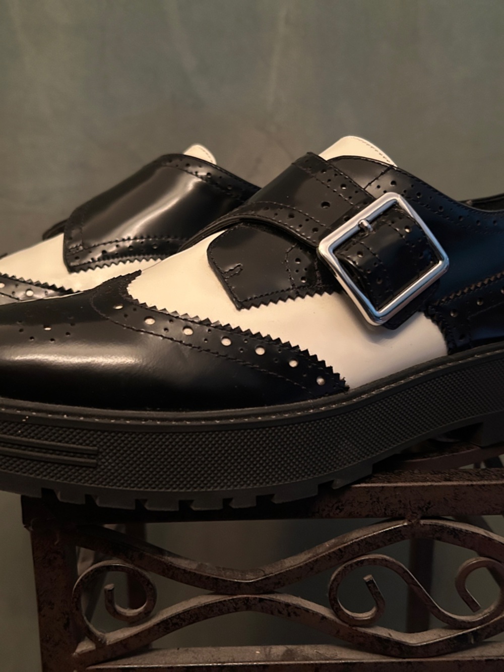 Marc Fisher Remona Black and White Monk Strap Brogue Oxfords - Picture 2 of 7